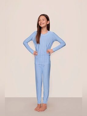 Eberjey Striped Pajama Set Youth Unisex Size 8 Blue Tencel Modal